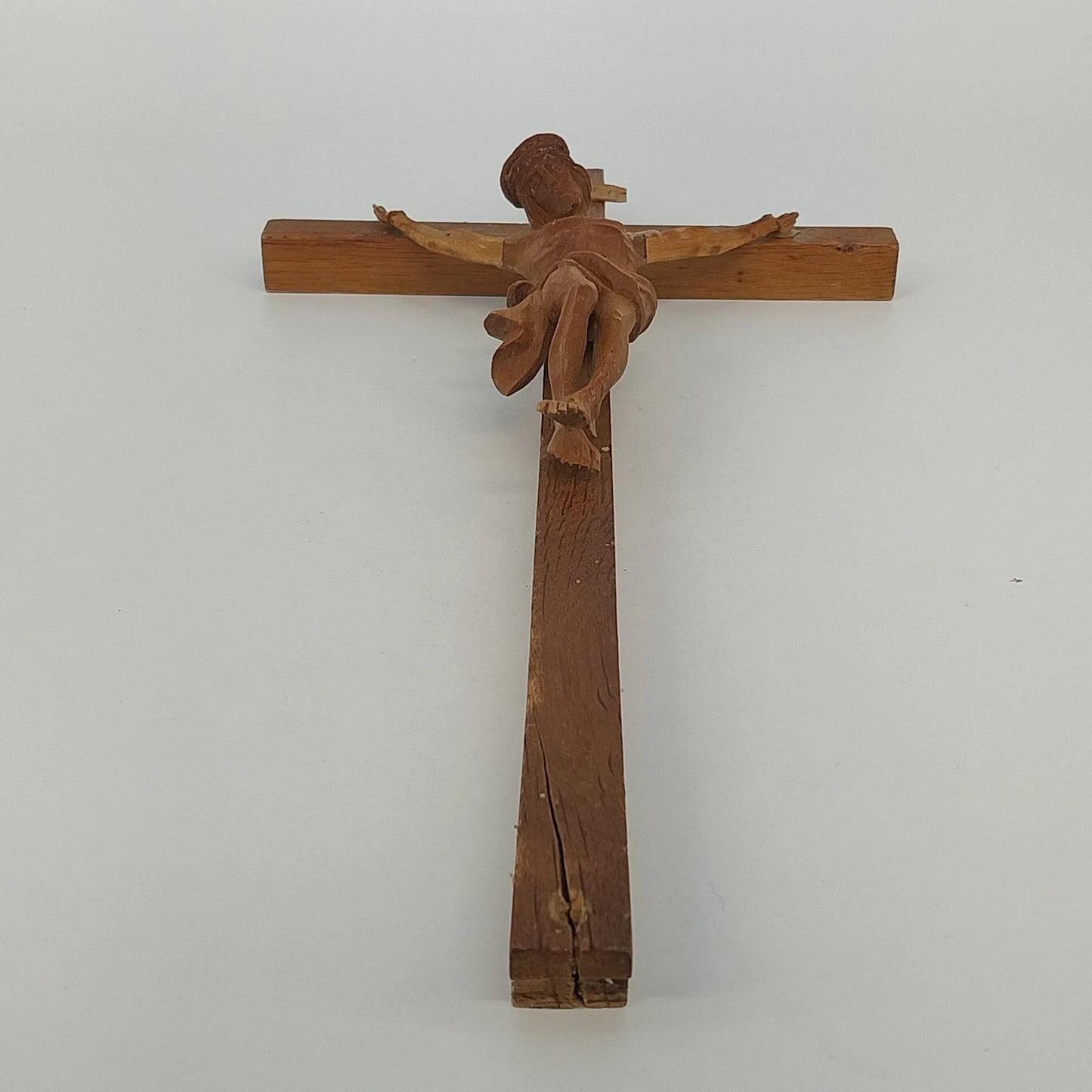 Hand Carved Wooden Crucifix Jesus INRI Two Tone Brown 15" Wall Cross Vintage