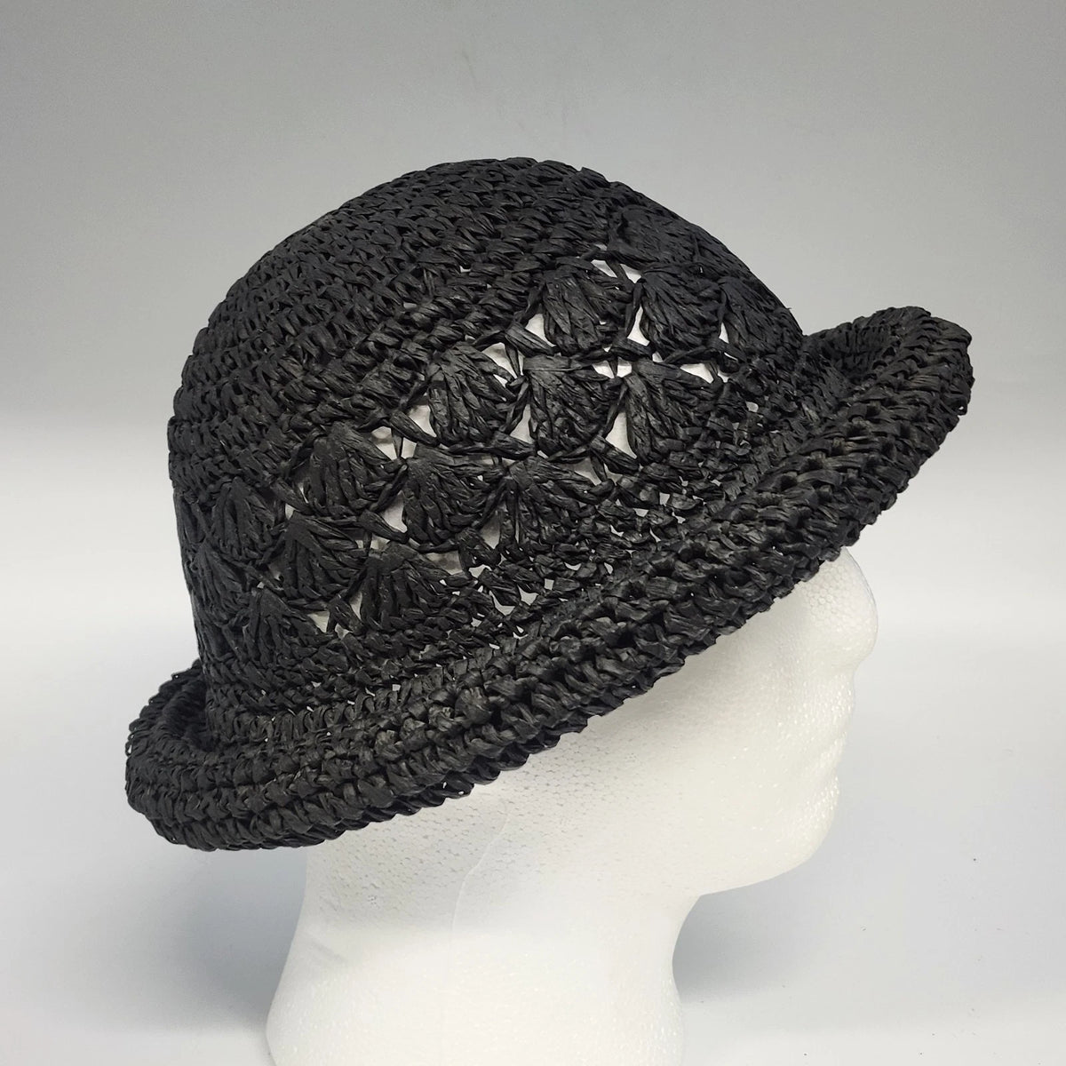 Women's Black Crochet Straw Cloche Hat Rolled Brim Cut Out Open Weave One Size