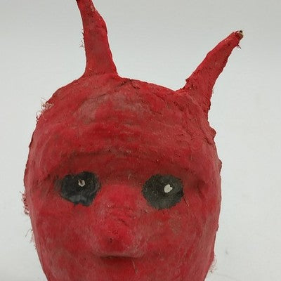 Papier Mache Scary Creepy Face Red Mask w Two Horn Wall Art Hand Painted