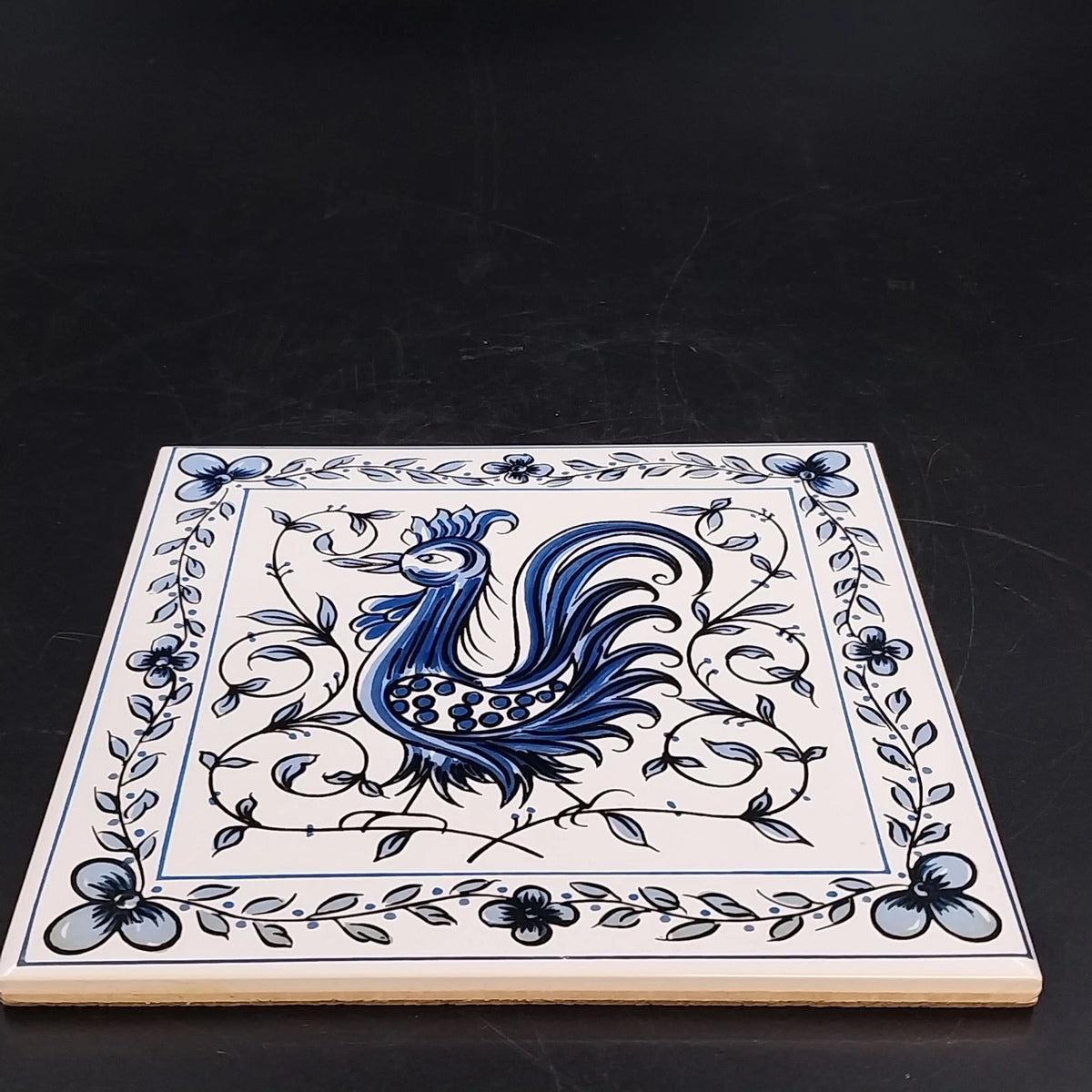Outeiro Agueda Rooster Ceramic Tile Hand Painted Blue Azulejo Forrado Portugal