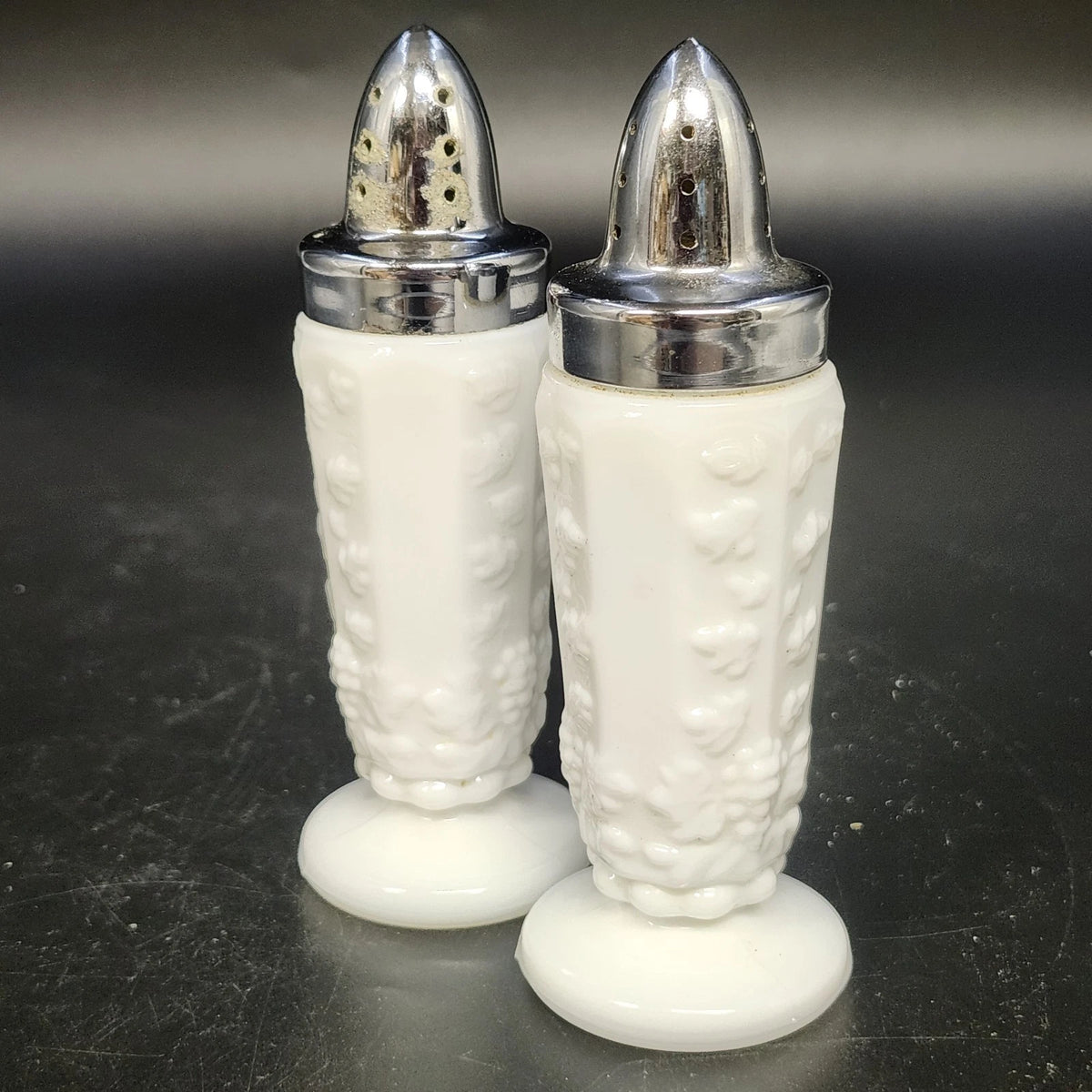 Westmoreland Paneled Grape Milk Glass Salt Pepper Shakers Metal Lids Vintage