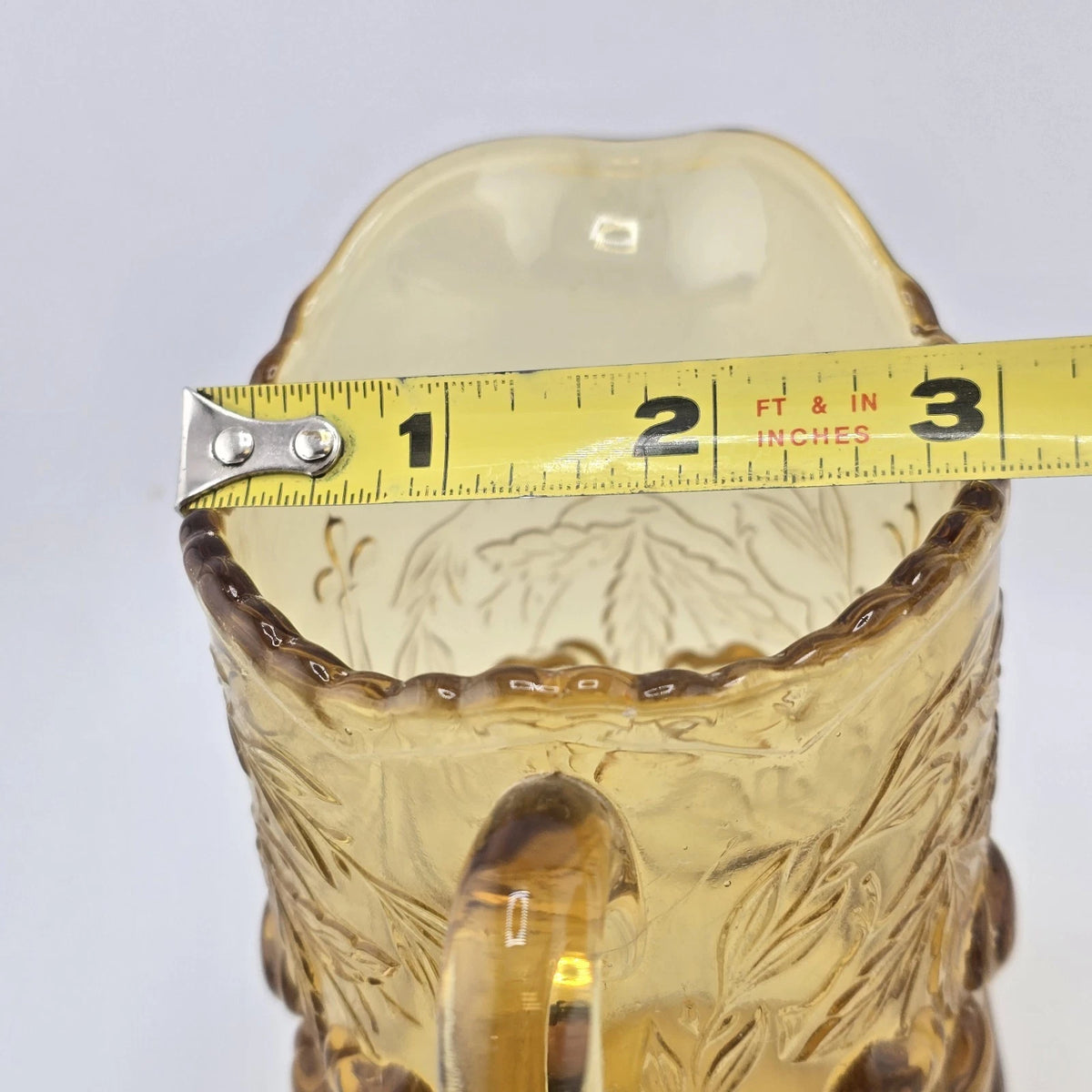 LG Wright Wreathed Cherry Amber Glass Creamer Pitcher Scalloped Rim Vtg
