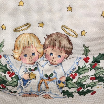 Holly & Angels 42" Round Christmas Tablecloth Counted Cross Stitch Stars