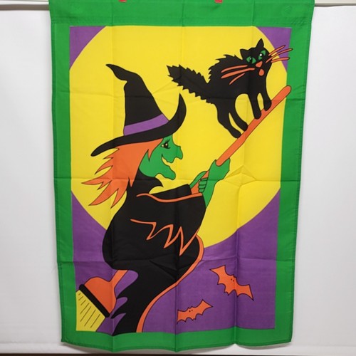 Halloween Yard Flag 30x41" Flying Witch on Broom Black Cat Outdoor Garden Banner