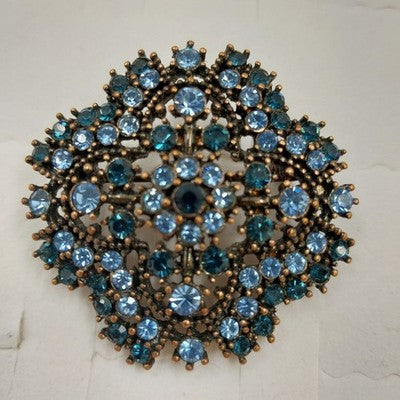 Filigree Brooch Pin Blue Faceted Rhinestones Bronze Tone Juliana Style Vintage