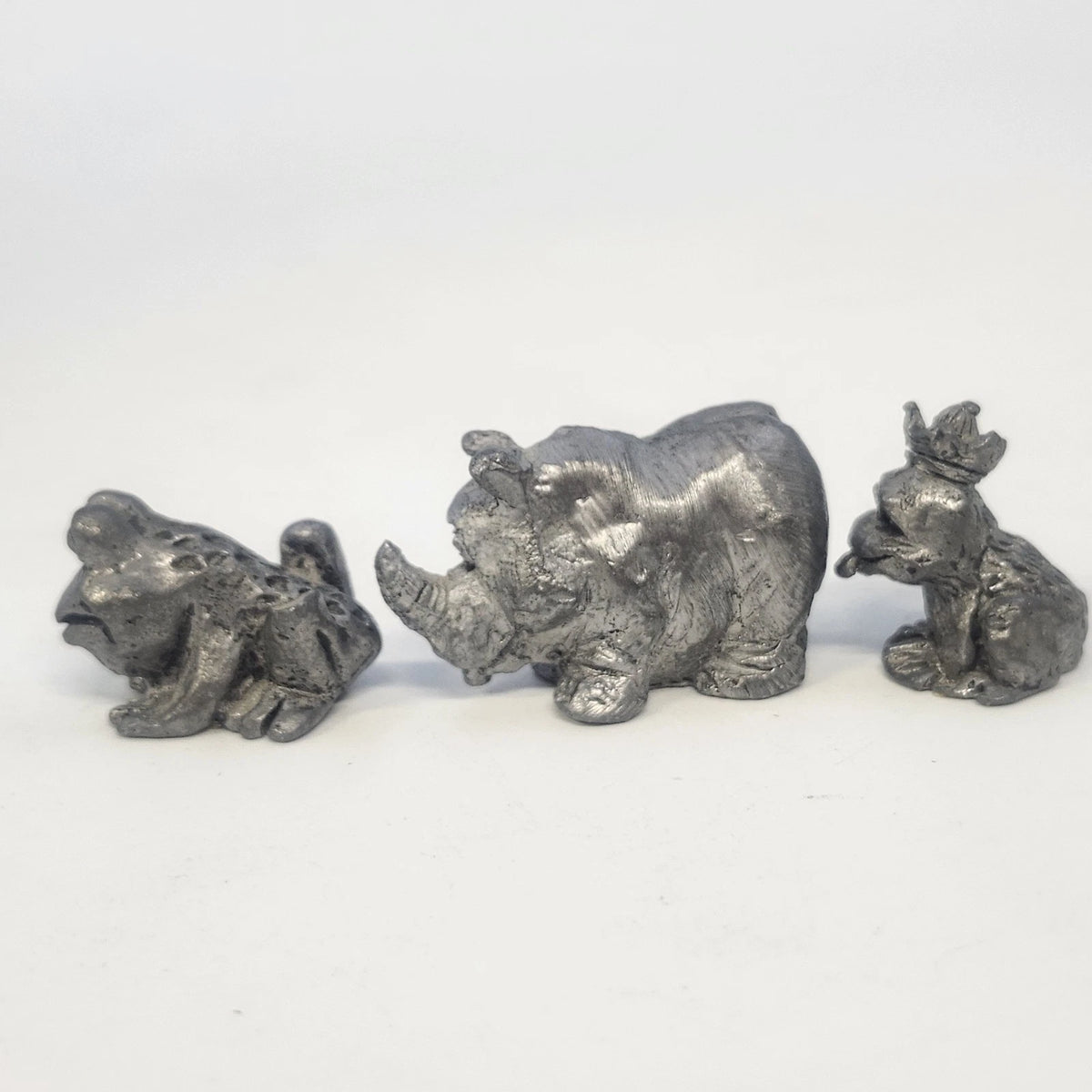 Pewter Animal Figurine Lot 3 Frog Prince Toad Rhinoceros Vintage Cartoon Style