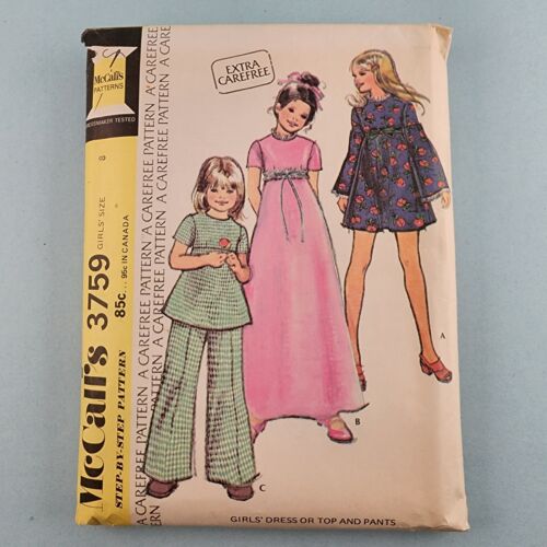 McCall's 3759 Vintage Sewing Pattern 1973 Girls Dress or Top and Pants Size 8