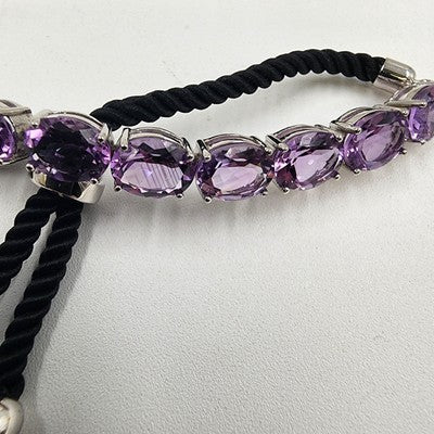Silver Tone & Purple Crystal Glass Faceted Rhinestone Black Corded Bracelet 3.5"