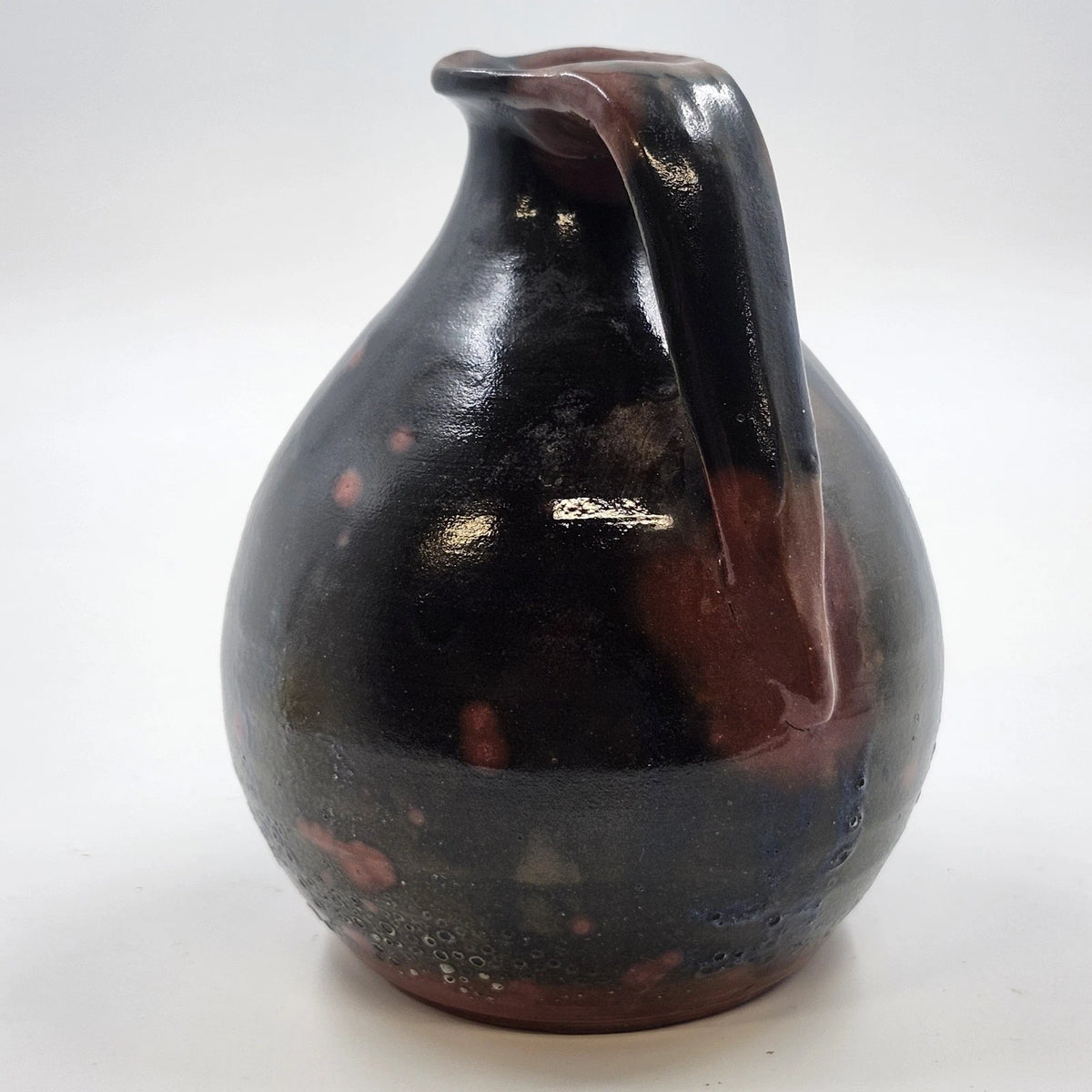 Redware Pottery Pitcher Dark Mottled Glaze 5.5" Tall Antique Style Unmarked