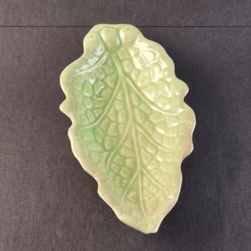 Green Leaf Trinket Nut or Candy Dish 9" Long by 4.5" Wide Crazed Made in Japan