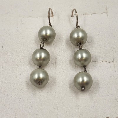 Sterling Silver 925 Triple White Gold Faux Pearl Dangle Drop Earrings 2"