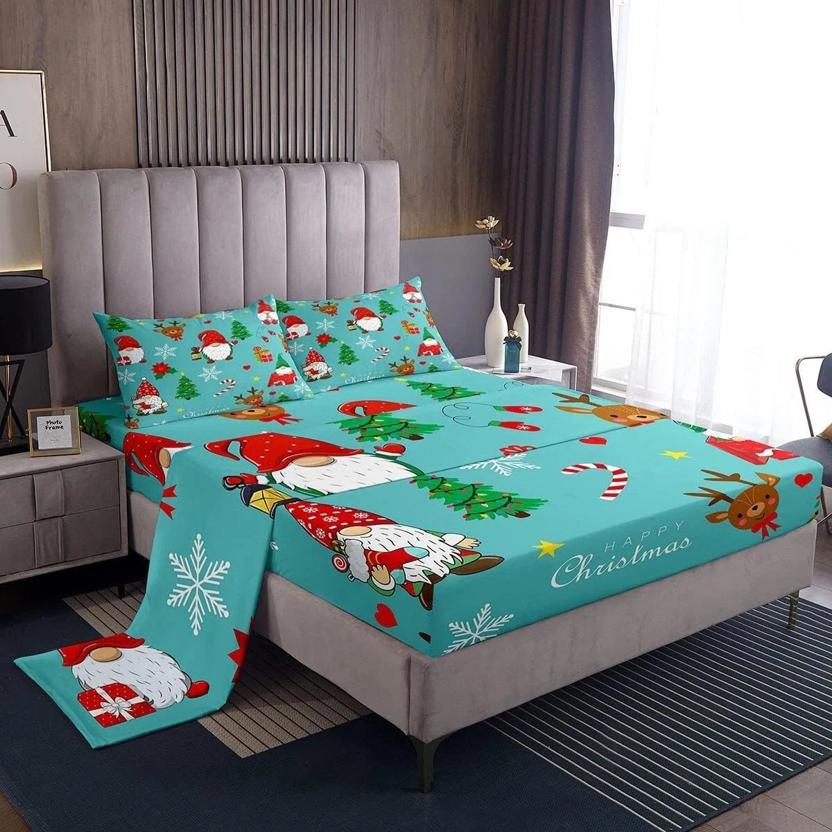 Santa Gnomes Queen Bed Sheet Set Cute Reindeer Christmas Holiday Bedding New