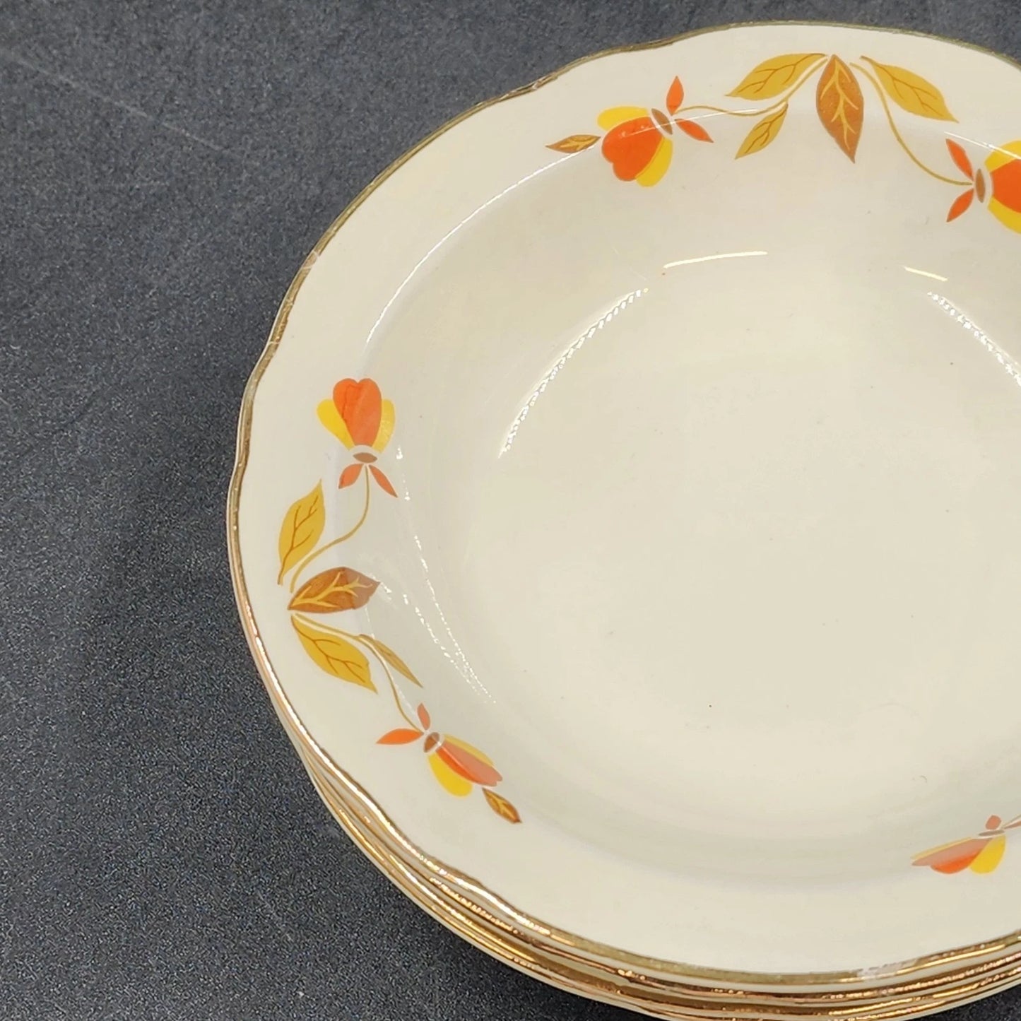 4 Autumn Leaf Rimmed Fruit Dessert Bowls 5.25" Hall's Superior for Jewel Tea MCM