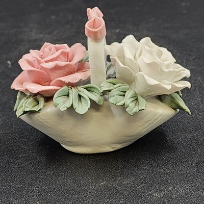 Capodimonte Style White Basket 2.75" w Pink Roses Flower & Bow Porcelain China