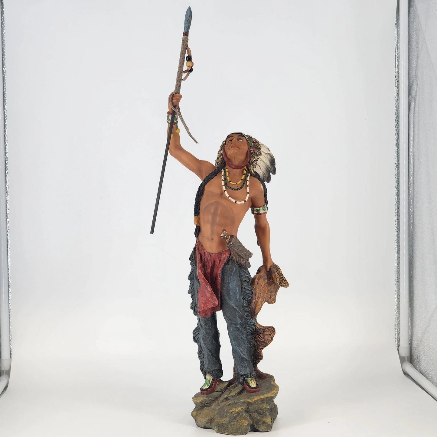 Native American Warrior Chief Statue Spear & Animal Hide Figurine Large 16.5"