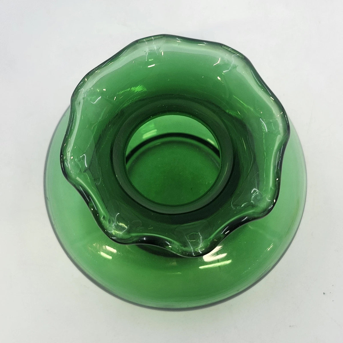 Squat Vase Transparent Emerald Green Art Glass 3.5" Ruffled Crimped Wide Rim Vtg