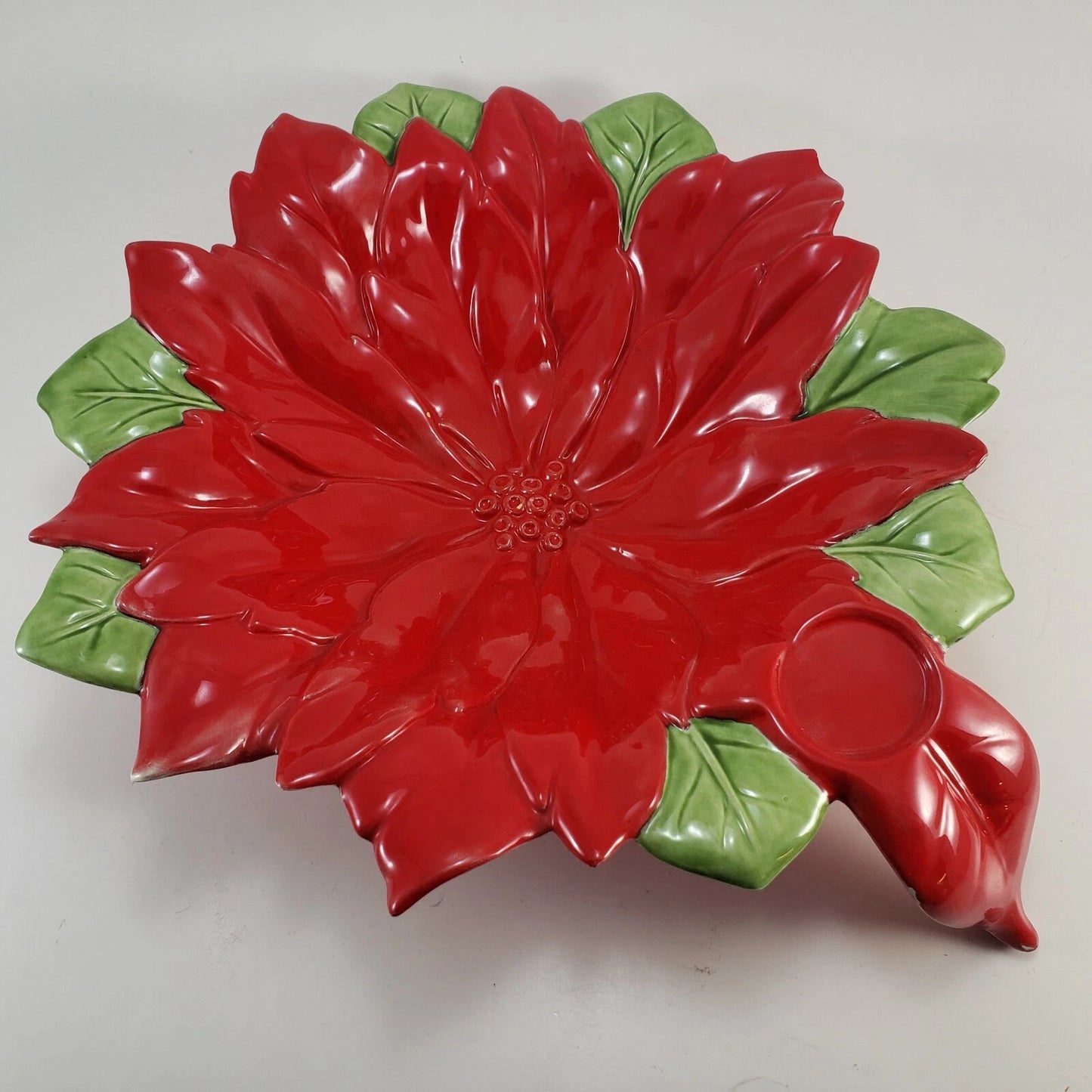 Poinsettia Flower Serving Bowl Dish 13" Vintage 70s Christmas Red Green Ceramic
