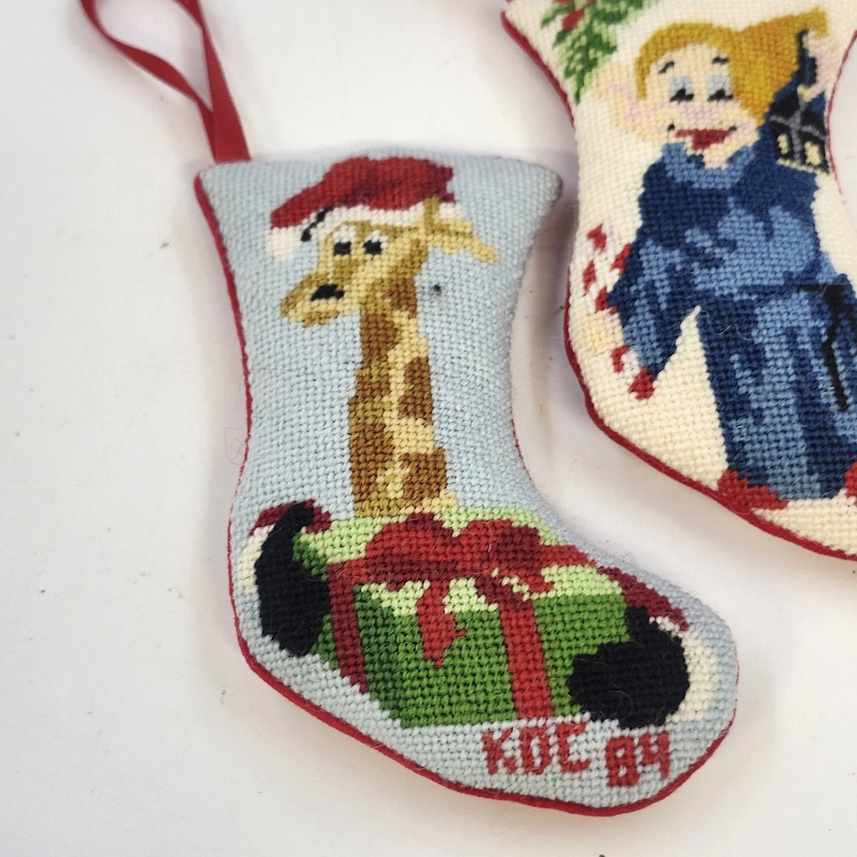 Needlepoint Christmas Stocking Socks Ornaments Giraffe & Angel Set of 2 Vintage