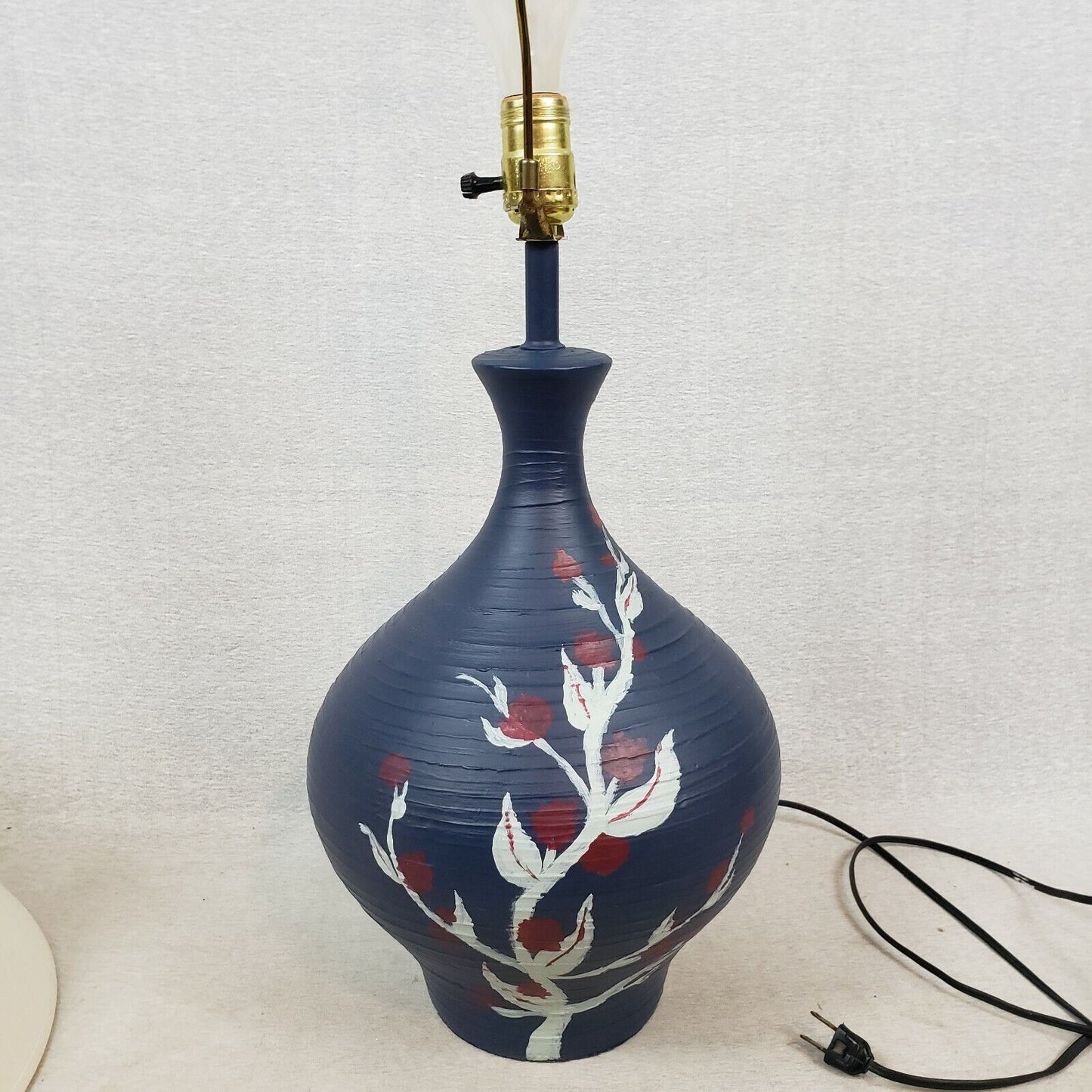 Vintage Blue Pottery Table Lamp Hand Painted Floral Electric Light