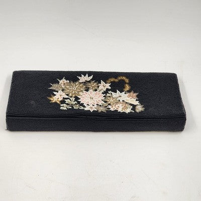 Black Small Beaded Clutch Purse 3 Inner Pockets Flower Embroidered w Glass Beads