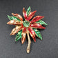 Poinsettia Gold Tone Brooch Pin Enamel Leaves Green Glass Stone Center