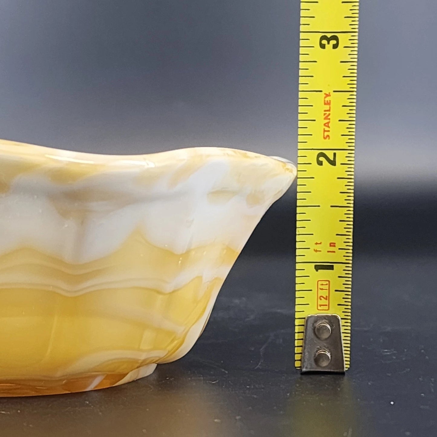 Akro Agate Caramel Slag Glass Bowl Scalloped Paneled Swirl