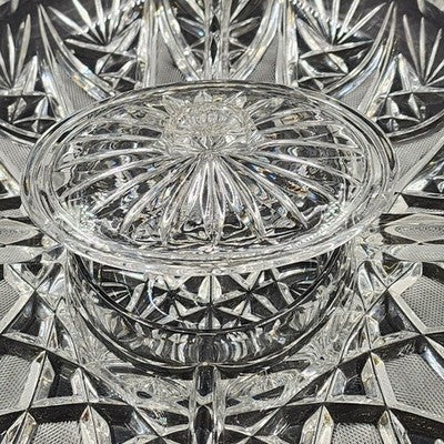 Brilliant Cut Glass Oval Divided Veggie Tray Stars Lines Scallop Edge Center Lid