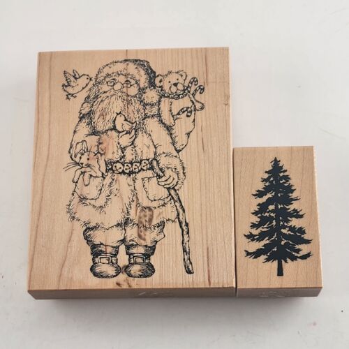 2 Rubber Stamps Wooden Mounted Santa w Animals and Fir Tree Patterns Vintage