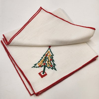 Set of 6 White Christmas Napkins 16" Red Hem Embroidered Holiday Designs