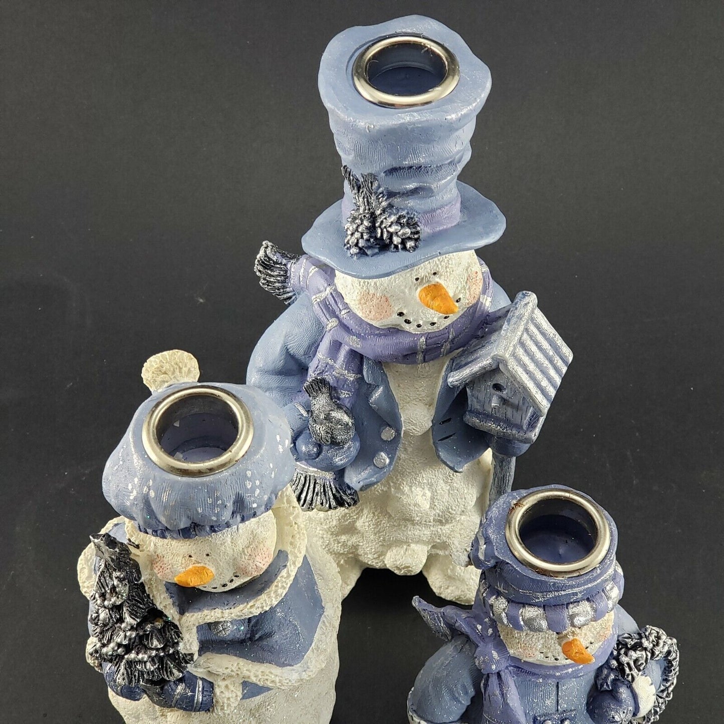 Snowmen Candle Holders Set of 3 Blue White Christmas Decor