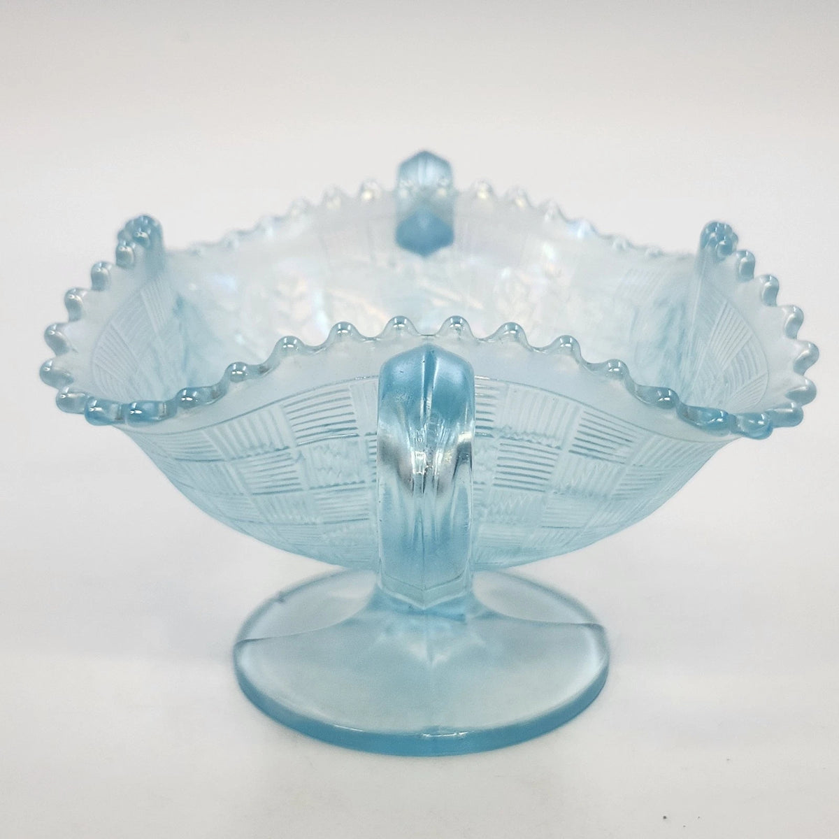 Jeannette Louisa Ice Blue Glass Pedestal Compote Double Handle Ruffled Rim 5.25"