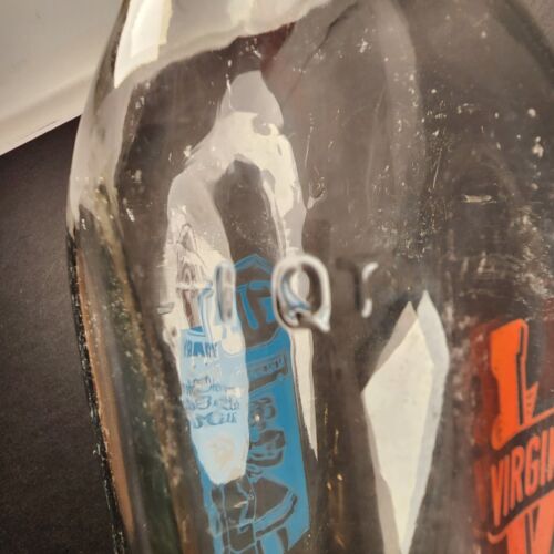 Virginia Dairy Glass Milk Bottle 1 Quart Orange and Blue Logos STOP School Bus