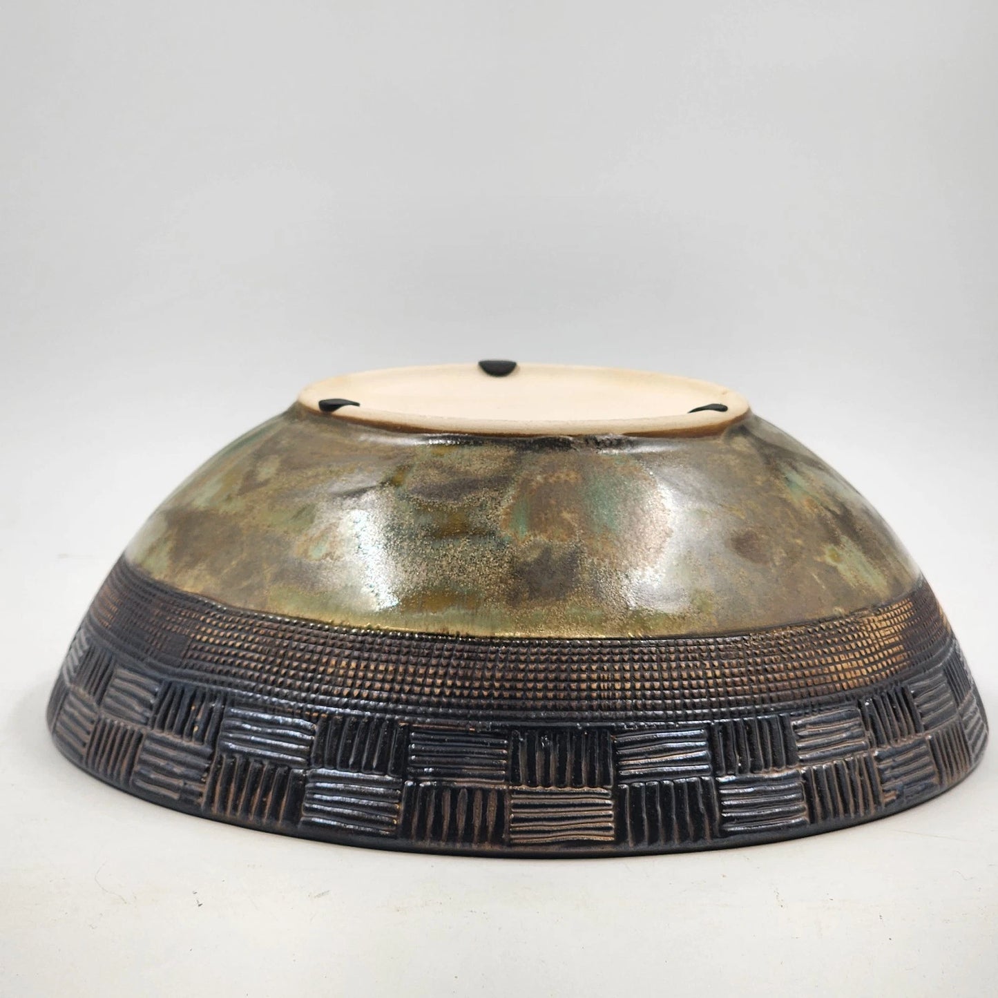 Ochre Green Glazed Pottery Bowl Basket Weave Outer Design Ceramic Lusterware 12"