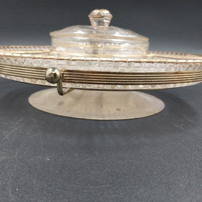 Faber Bros Lazy Susan Appetizer Tray Gold & Clear Glass 4-Part w Lid 10.5" Vtg