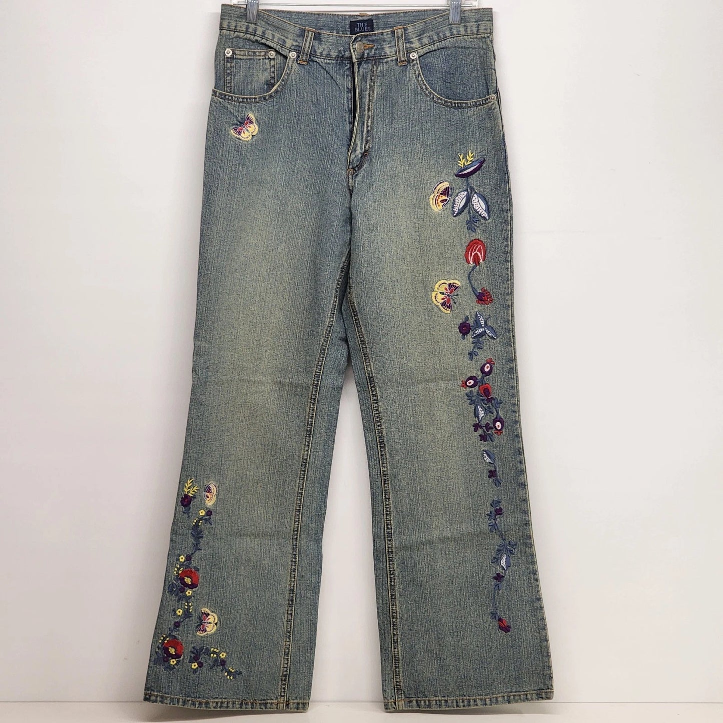 The Blues Missy Sz 10 Blue Denim Jeans 100% Cotton Embroidered Butterfly Flower