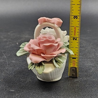 Capodimonte Style White Basket 2.75" w Pink Roses Flower & Bow Porcelain China