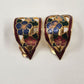 Cloisonné Enamel Flower Clip-On Earrings Multicolor Curved Leaf Shape 1" x 0.5"