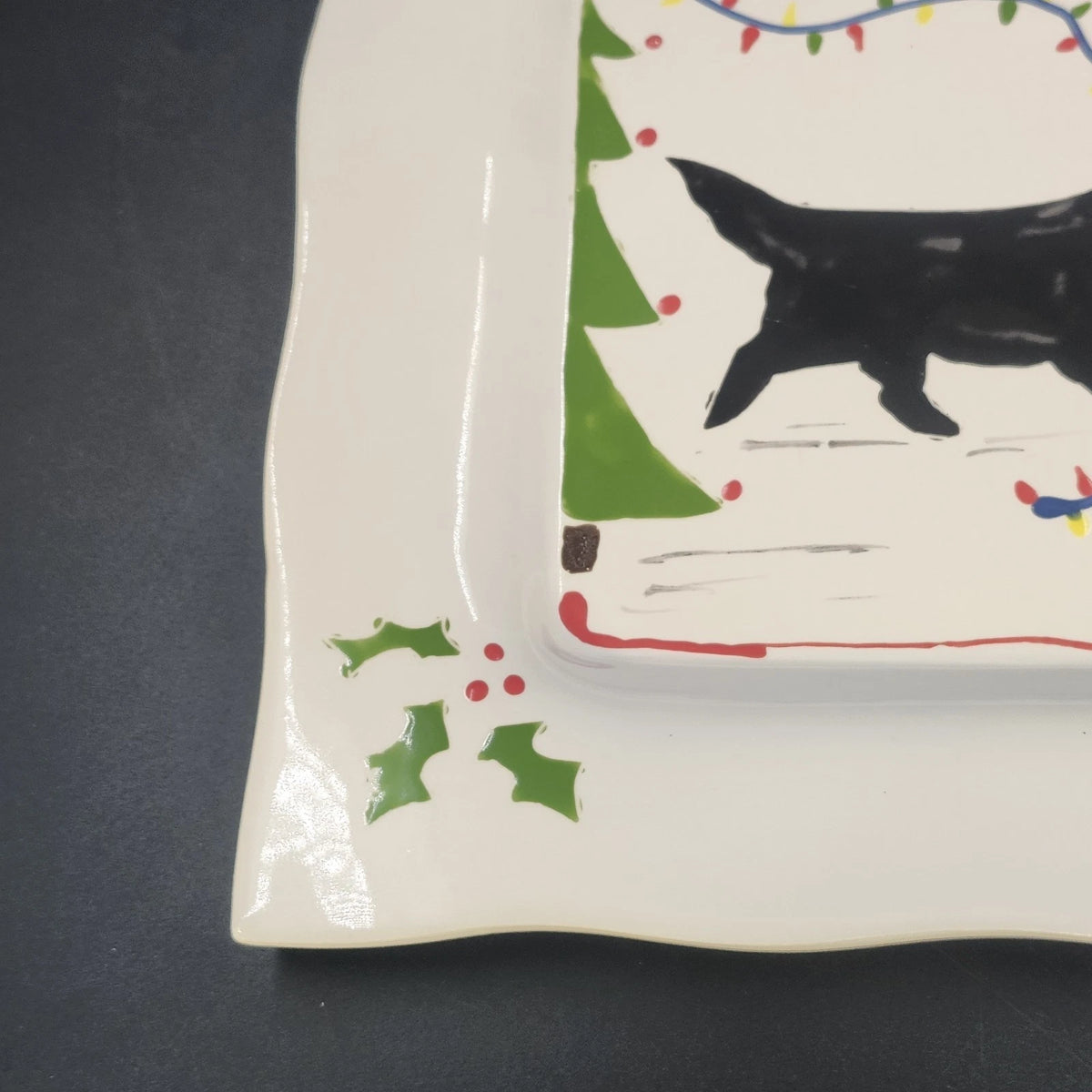 Prairie Dog Pottery Black Newfoundland Christmas Lights Square Plate 9.25" Holly