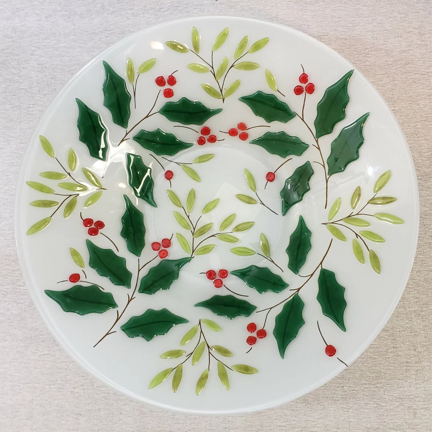 Holly Berry Christmas Large Bowl 14" Raised Berries & Leaves Opaque Glass Vtg