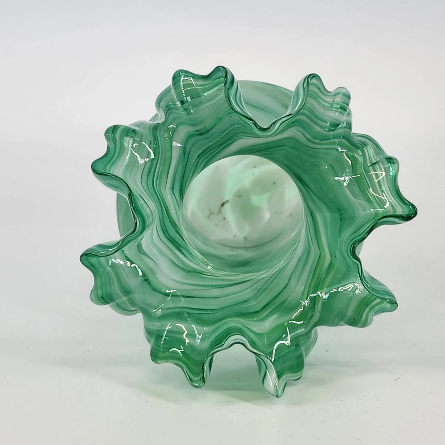 Green Art Glass Vase White Swirl Ruffled Scalloped Top Edge Hand Blown 9" Tall