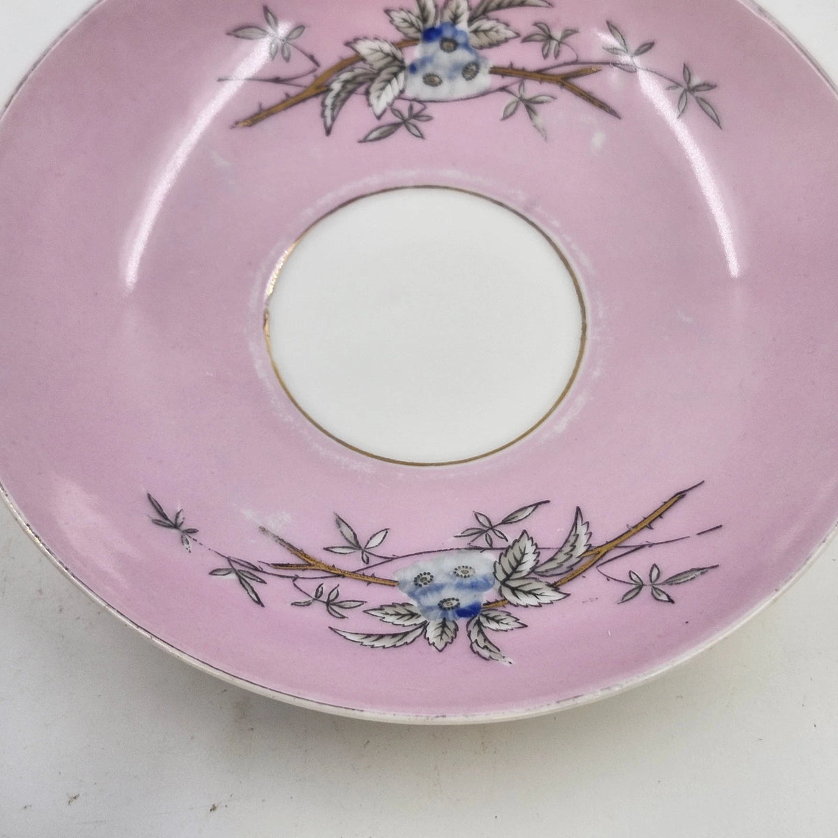 Pink Porcelain Teacup & Saucer Birds Nest Blue Flowers Gold Trim Vintage 5.5"