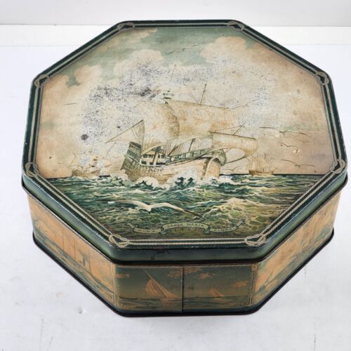 Loose-Wiles Biscuit Cookie Tin Sailing Clipper Ship Faded Antique USA 9.5"x3.5"