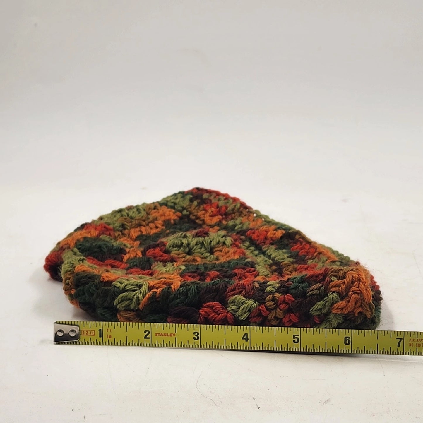 Handmade Crochet Messy Bun Beanie Hat Fall Colors Green Orange Brown Ponytail