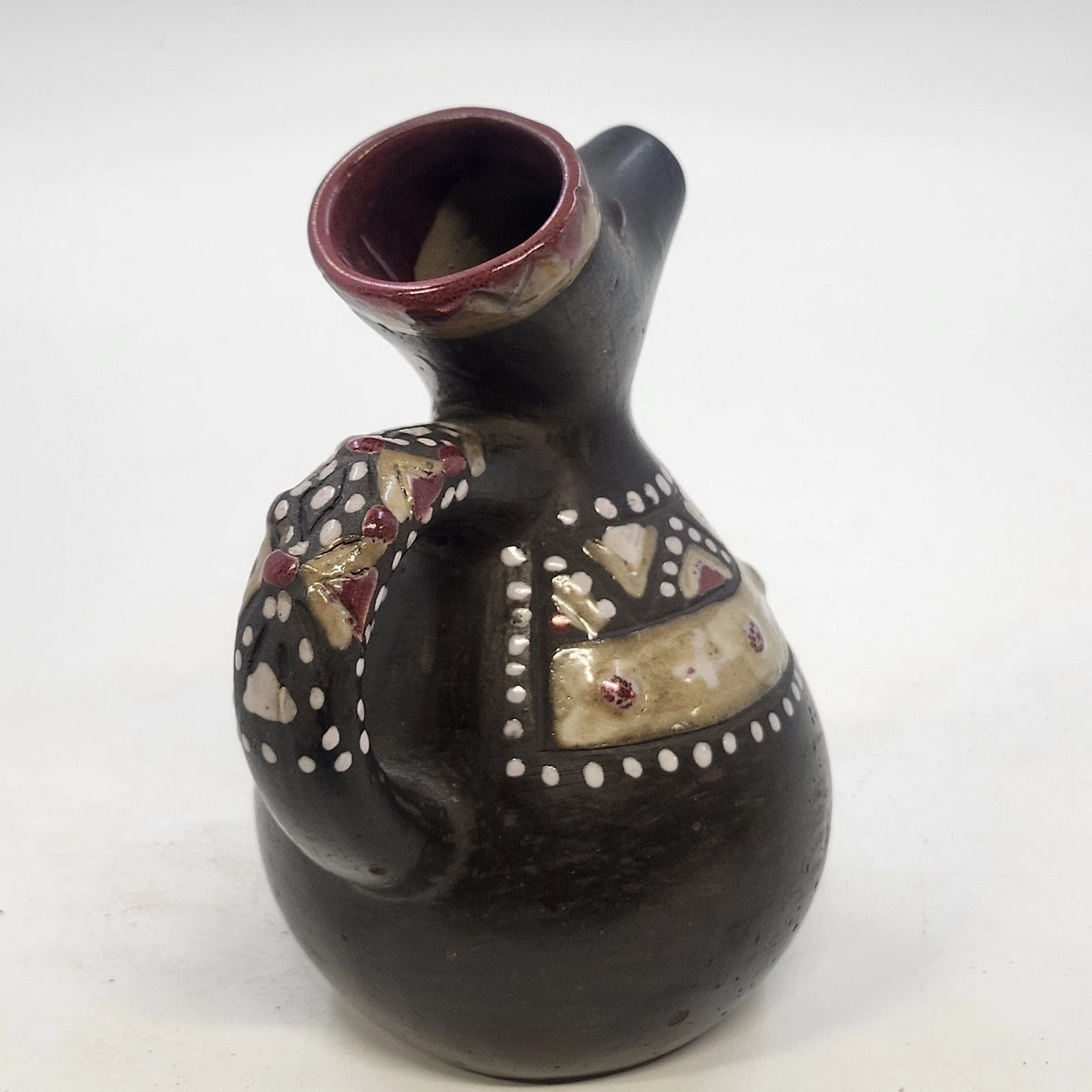 Ukrainian Art Pottery Pitcher Black Red Tan Raised Geometric Elongated Spout Vtg