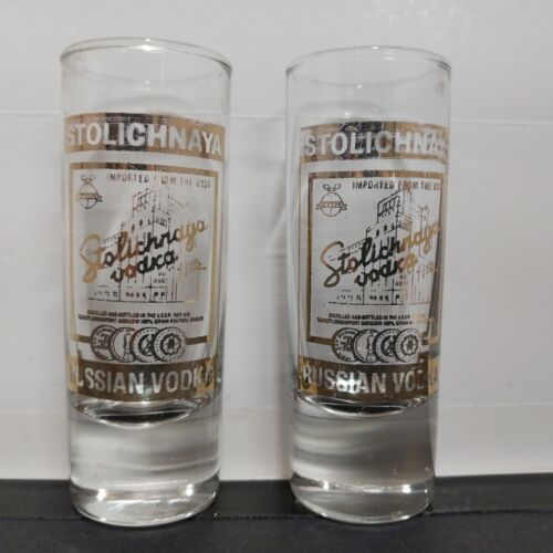 2 Stolichnaya Russian Vodka Tall Double Shot Glasses Gold Leaf Logo