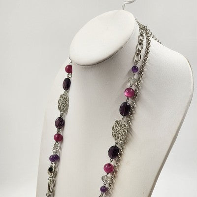 Silver Tone Chains w Multicolor Beads & Filigree Accents Double Strand Necklace
