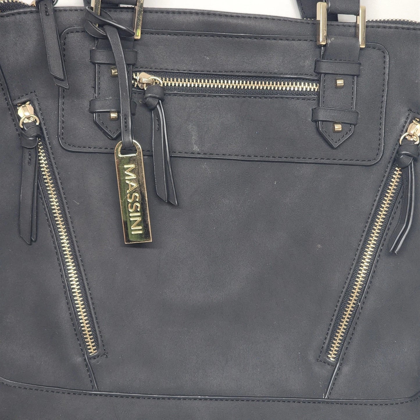 Massini Black Faux Leather Tote Handbag 16in Gold Tone Zipper