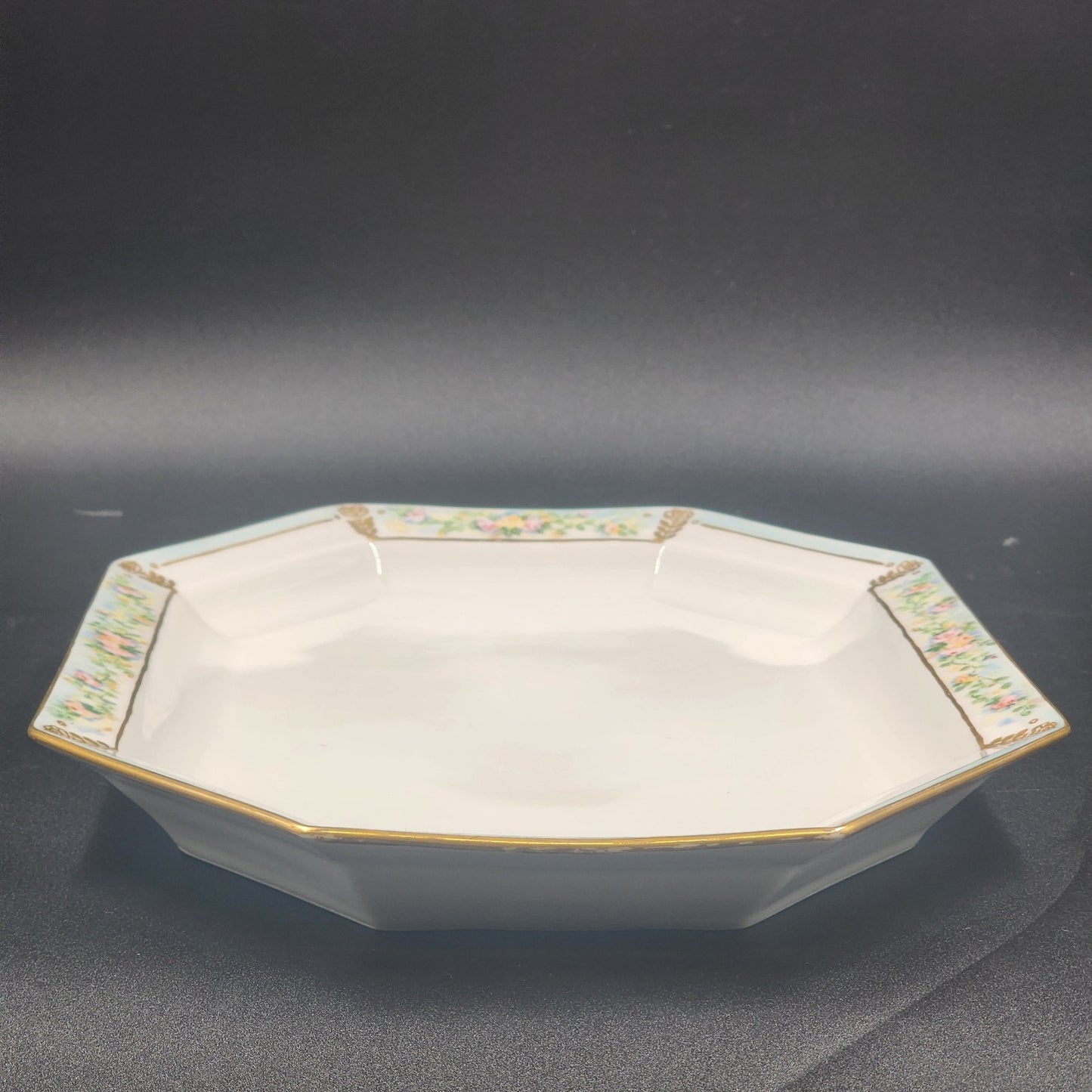 Tirschenreuth Bavaria Octagon Serve Platter Blue Border Enamel Flowers Gold Trim