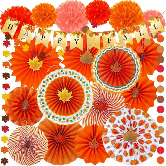 Winlyn 21 Pc Fall Party Decoration Set Autumn Orange Hanging Paper Fans Garland