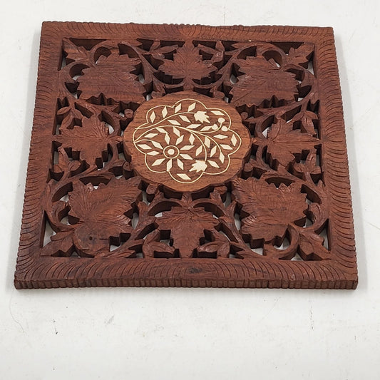 Hand Carved Wood Trivet 8" Square Gold Inlay Floral Leaves Design India Vintage